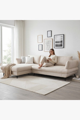 Modern sarokkanapé fekvőfunkcióval és tárolóval, New York Beige szövet